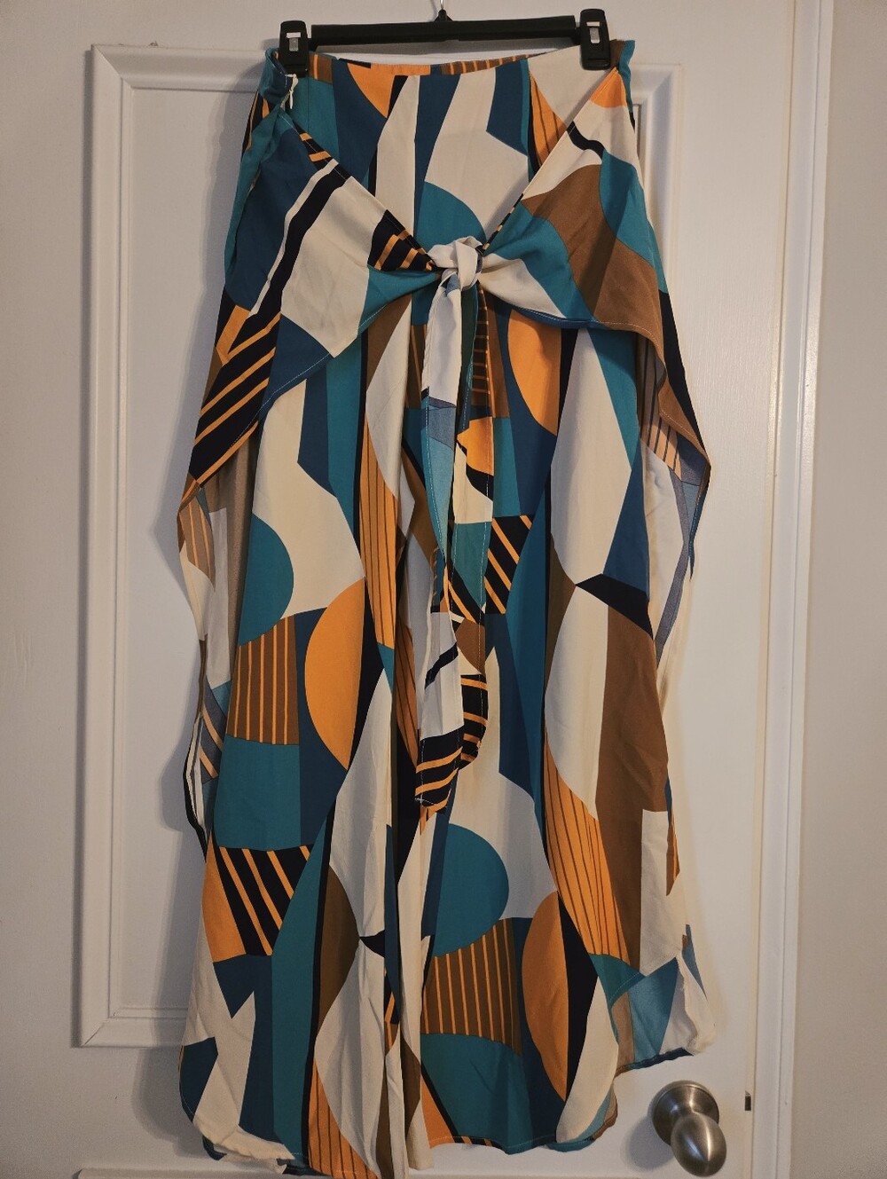 Shein Geometric Print Tie-Front Loose Pants in Teal, Mustard & Brown